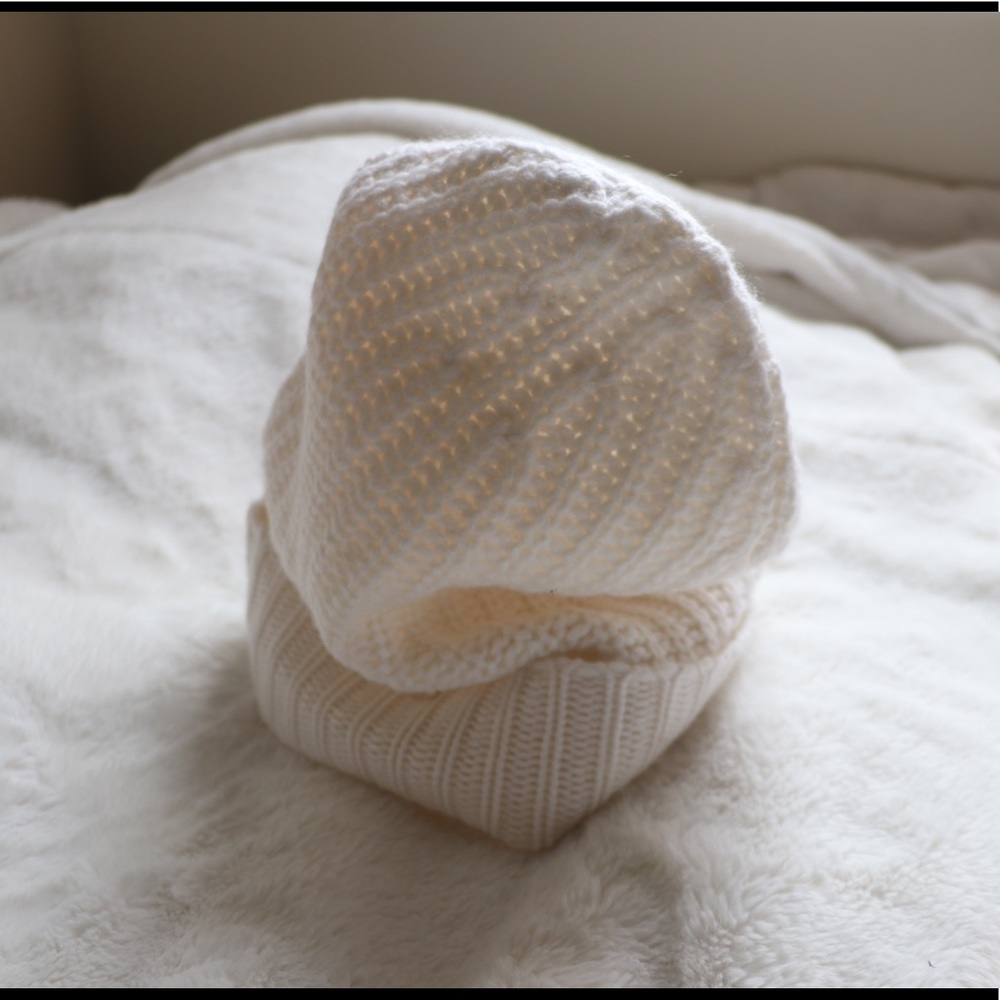 White knit beanie hat